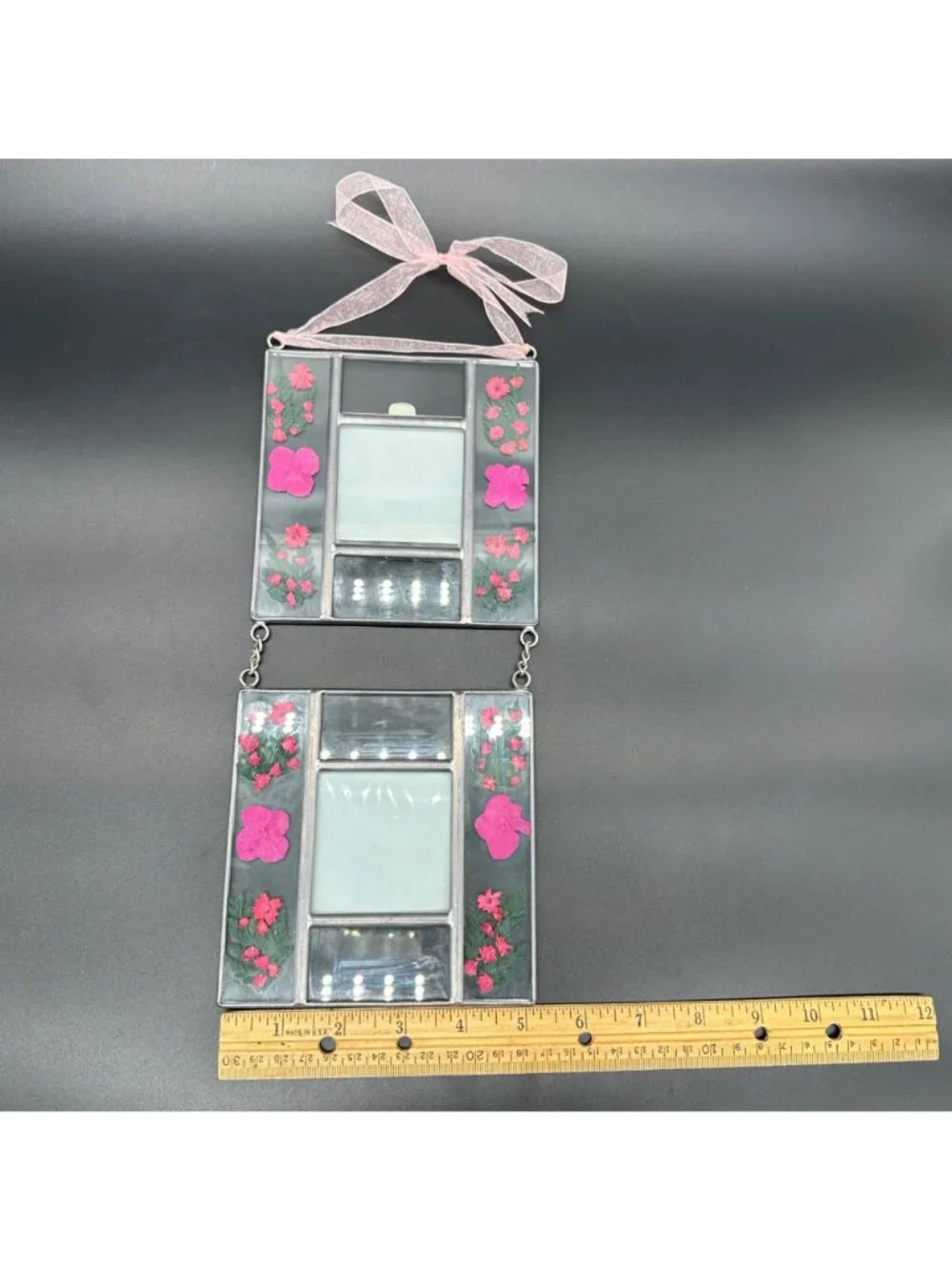 Vintage Hanging Picture Frames Pink Pressed Flowers Pewter Double Photos Cottage